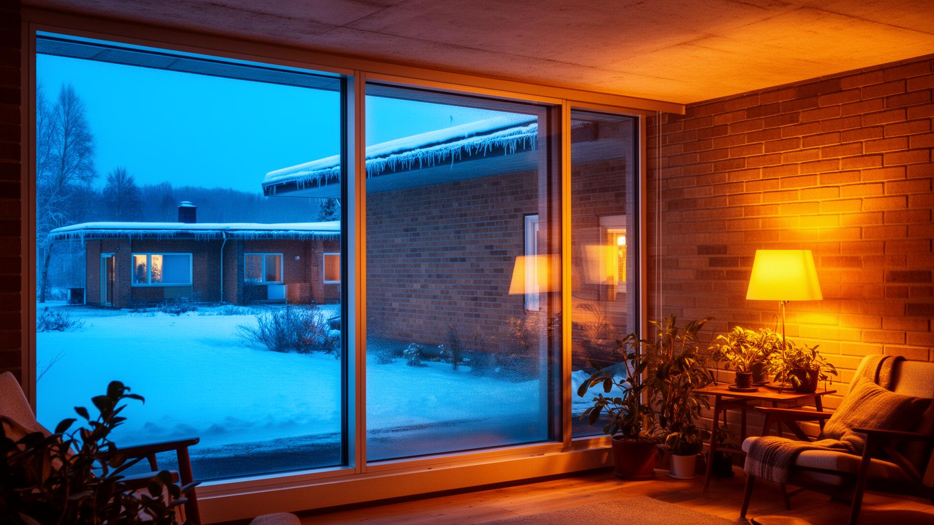 Snødekt 70-tallshus utenfor — varm og koselig stue innenfor med moderniserte vinduer